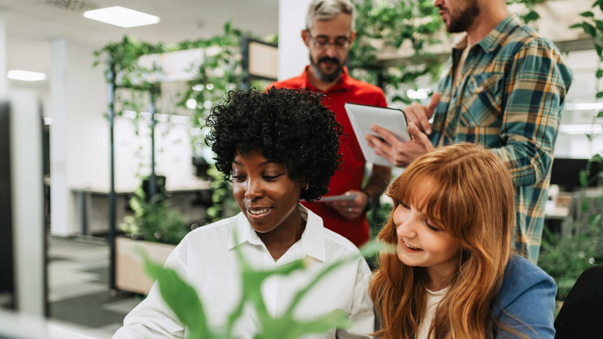A group of people collaborating with each other.