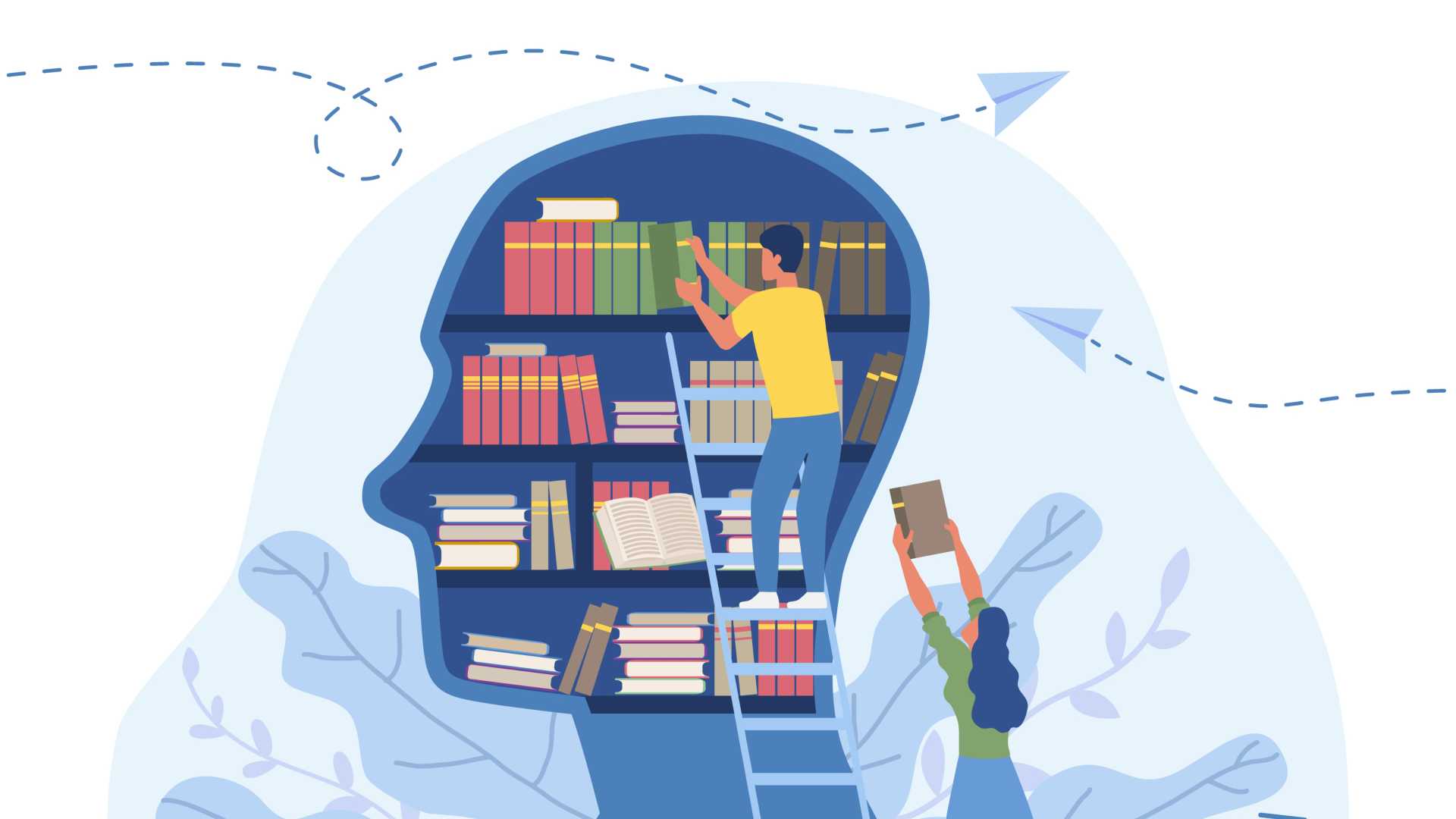 Cartoon helping another person stack books in a shelf.