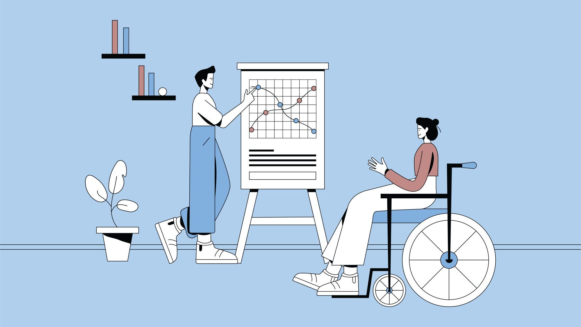 Cartoon explaining graphs to another cartoon.