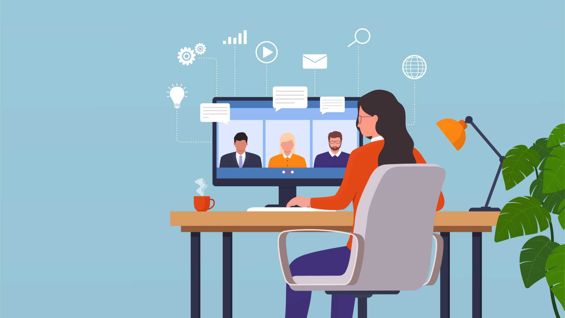 Cartoon woman watching videos of people online.