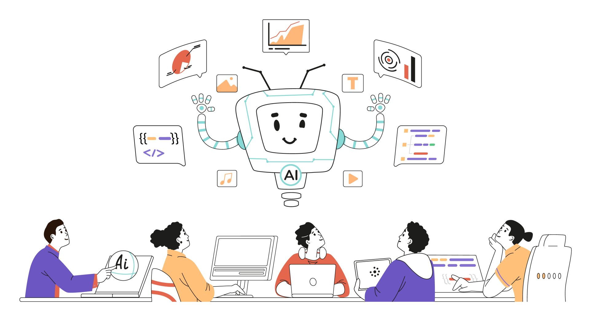 AI robot communicating with a group of cartoon people.