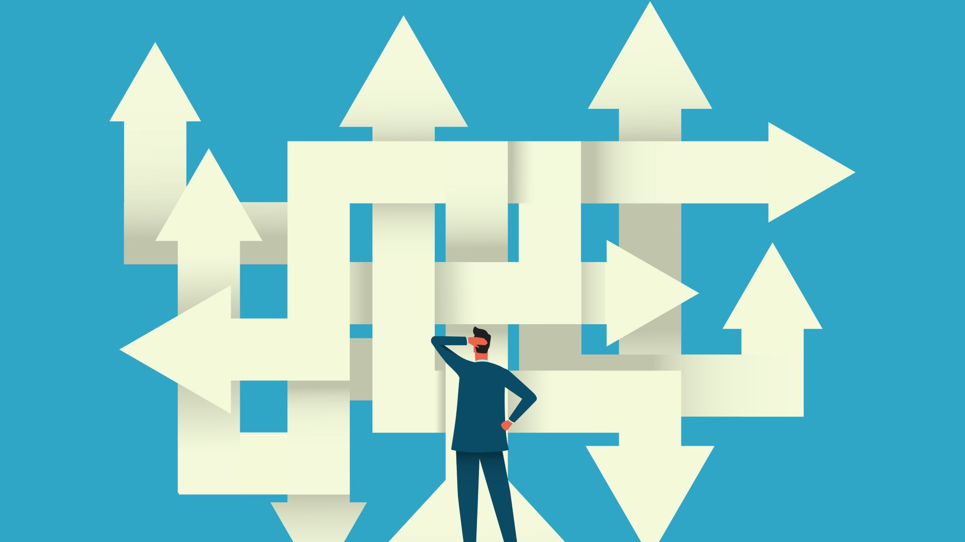 Illustration of an employee looking at a maze of arrows, representing the employee experience/career pathways