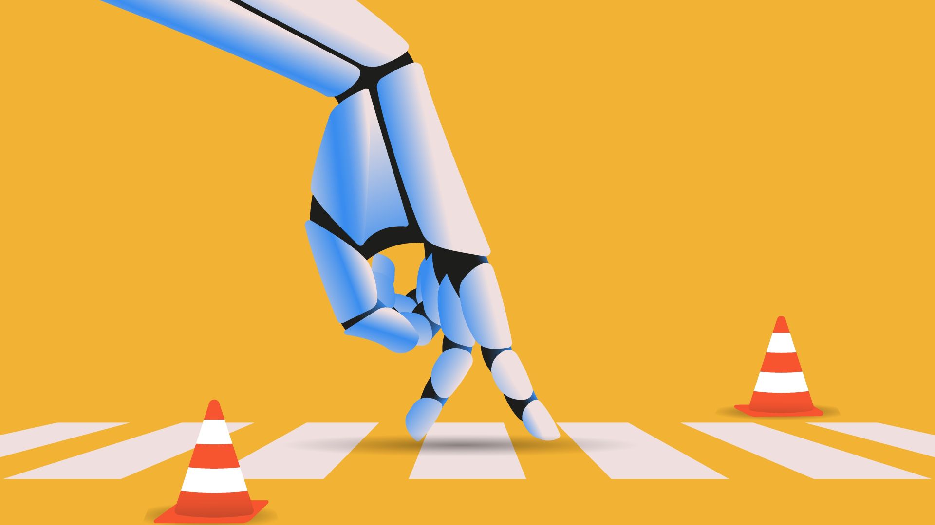 An illustration of an robotic hand in the middle of a crosswalk, representing preparing for AI