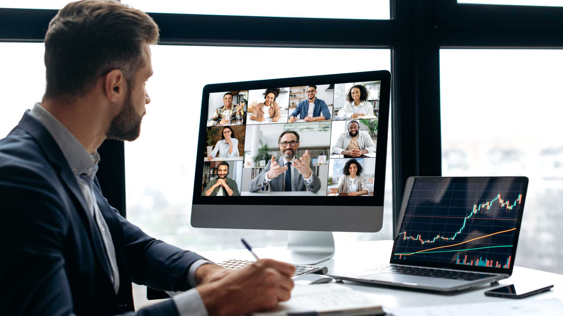 Man in a virtual call with his team.