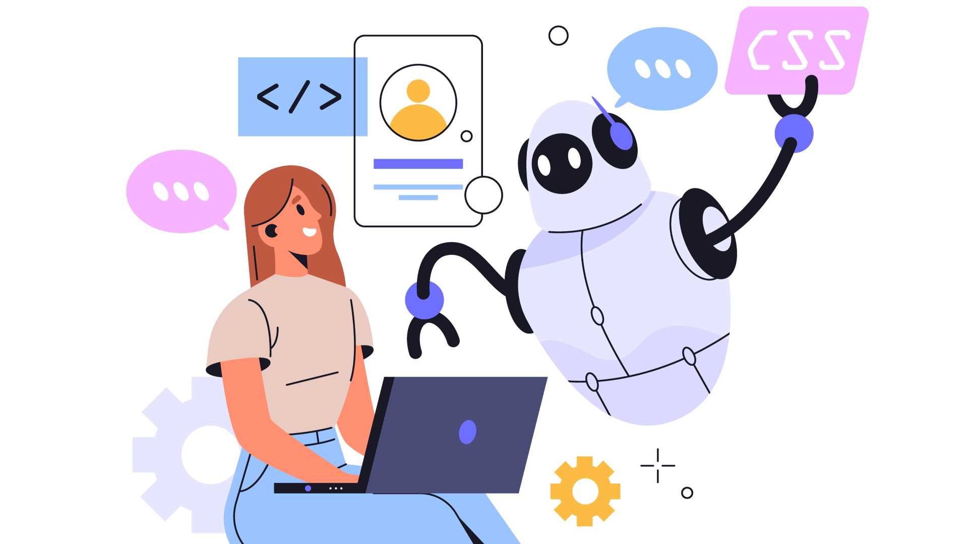 Illustration of a woman using a laptop beside a friendly robot holding a "CSS" sign, surrounded by coding and technology icons.