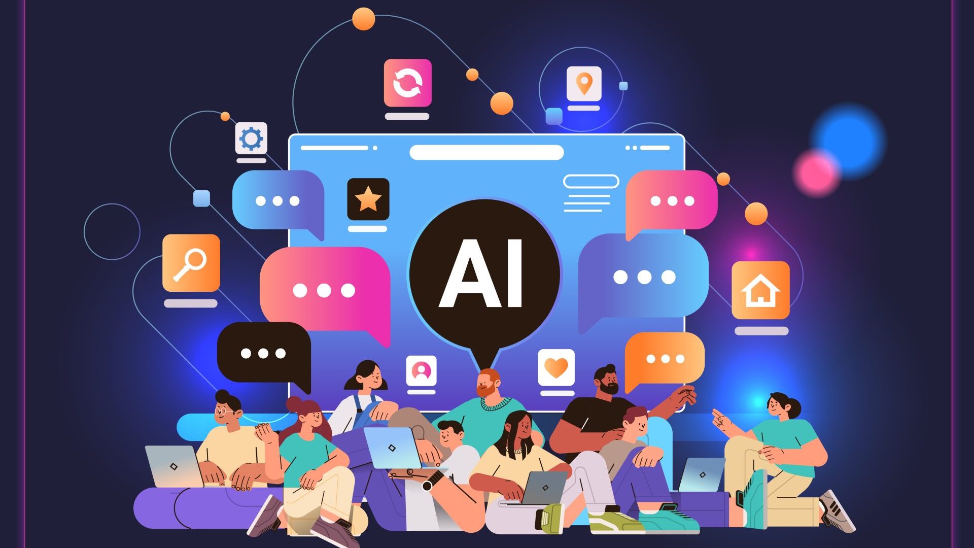 AI computer icons with cartoon people in the background.