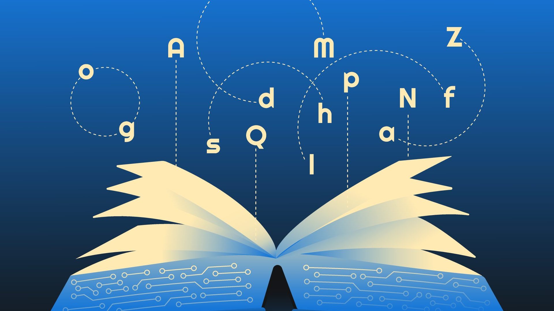 Book with floating letters above.