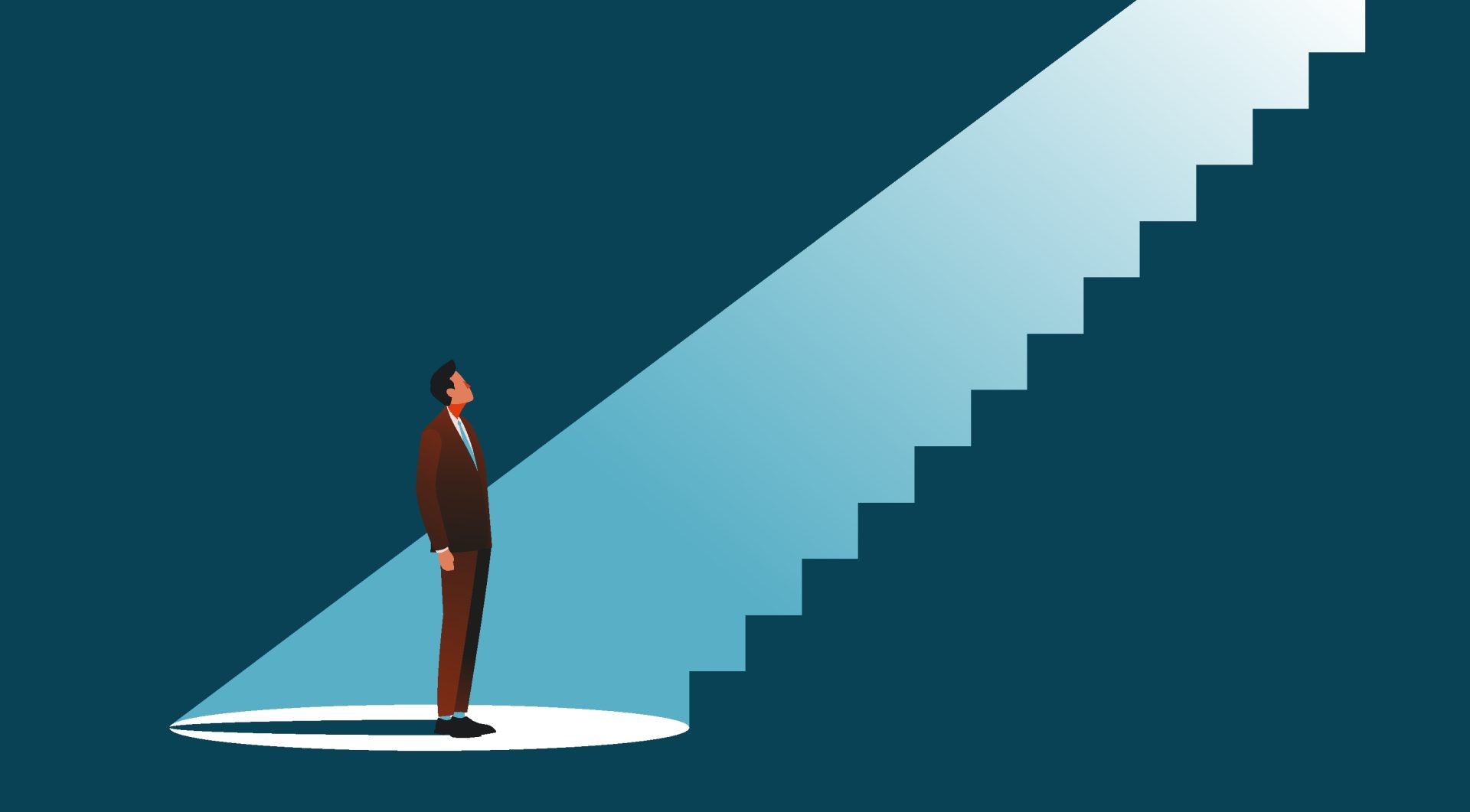 Man going up staircase.