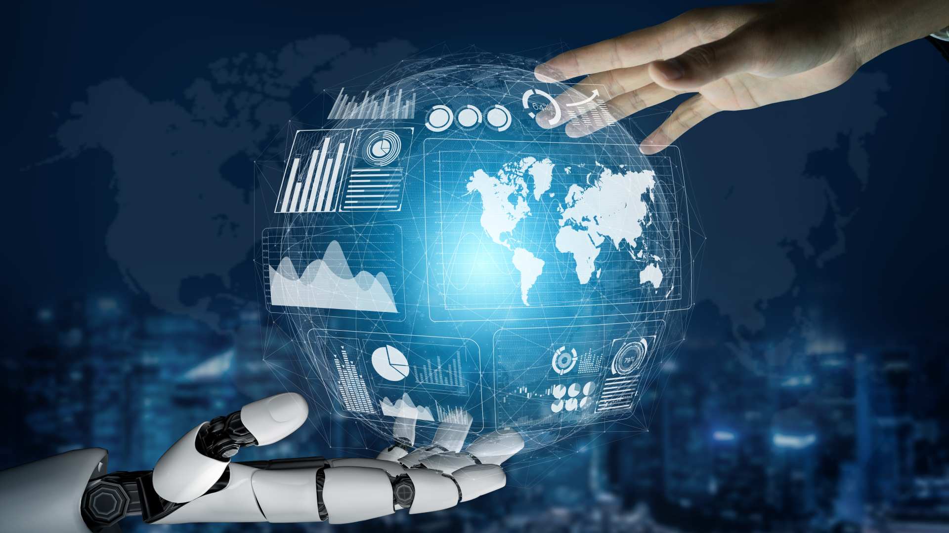 A robotic and a human hand reach towards a digital globe displaying graphs and world maps. Futuristic cityscape background, conveying AI and collaboration.