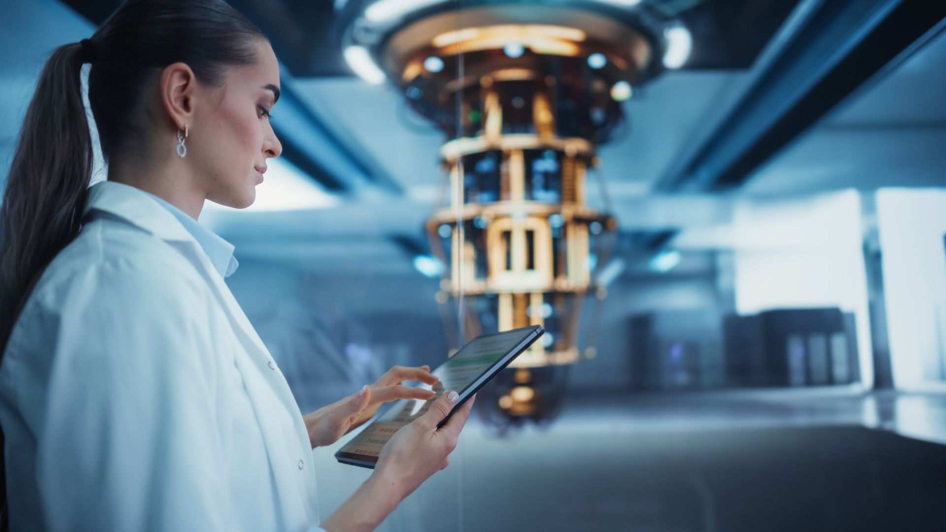 A woman in a white lab coat uses a digital tablet in a modern laboratory, standing near advanced scientific equipment with metallic and glowing components in the background.