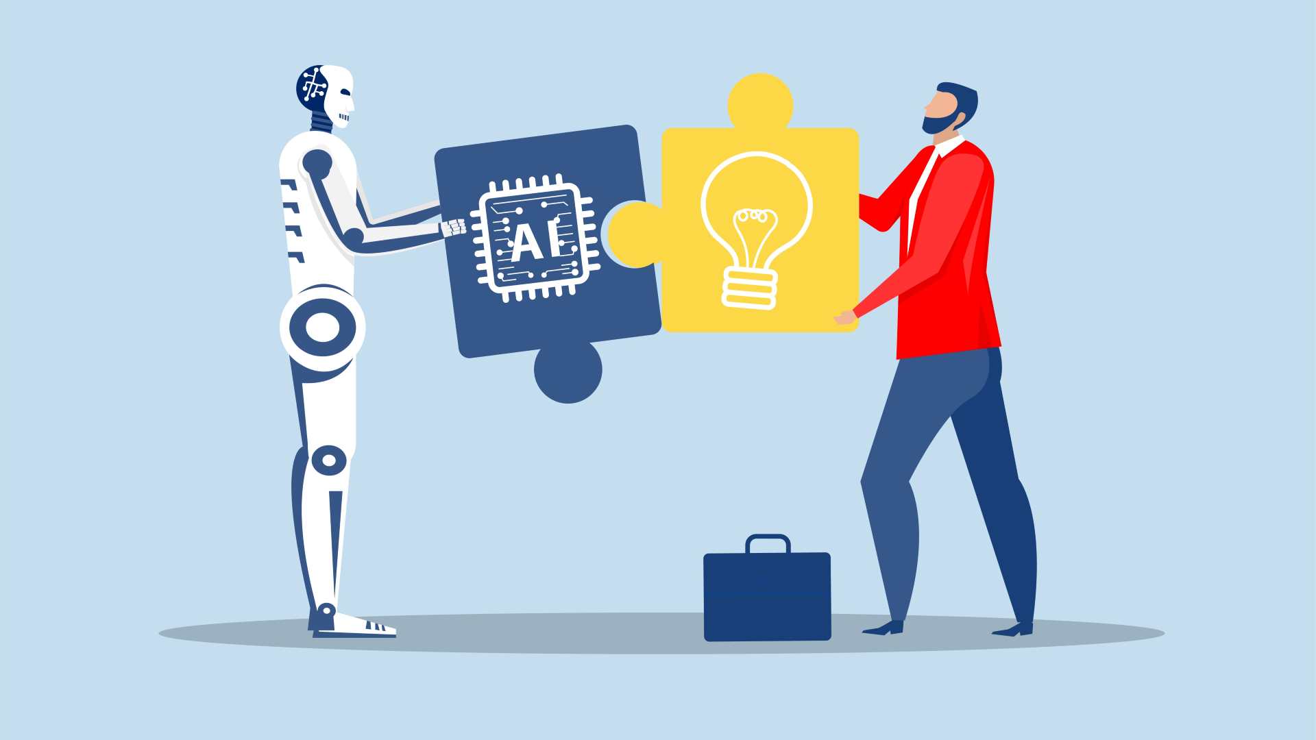 Illustration of a humanoid robot and a business professional connecting puzzle pieces, one labeled “AI” and one with a lightbulb symbol.