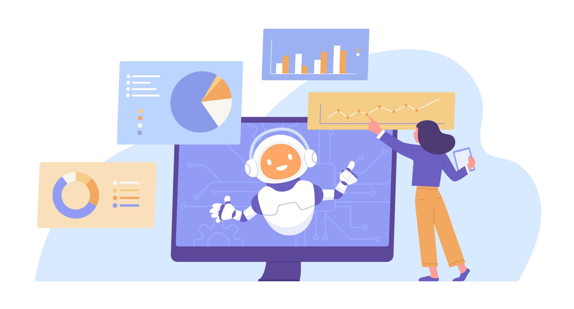 Cartoon using AI for work and tasks.