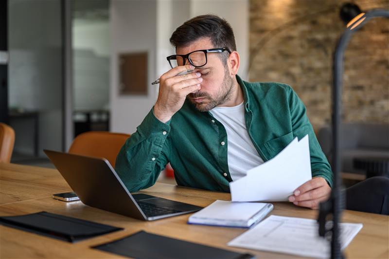 Man looking at work because he's frustrated with his