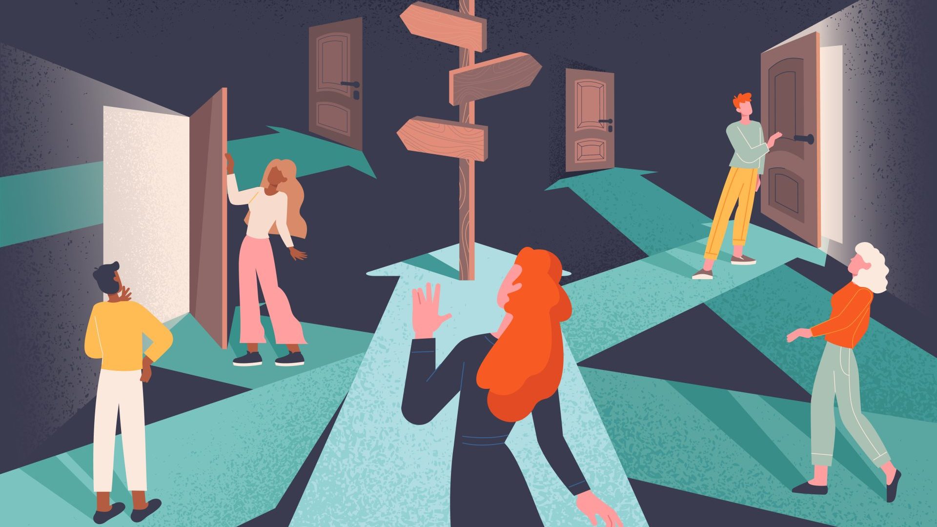Person looking into many different pathways.