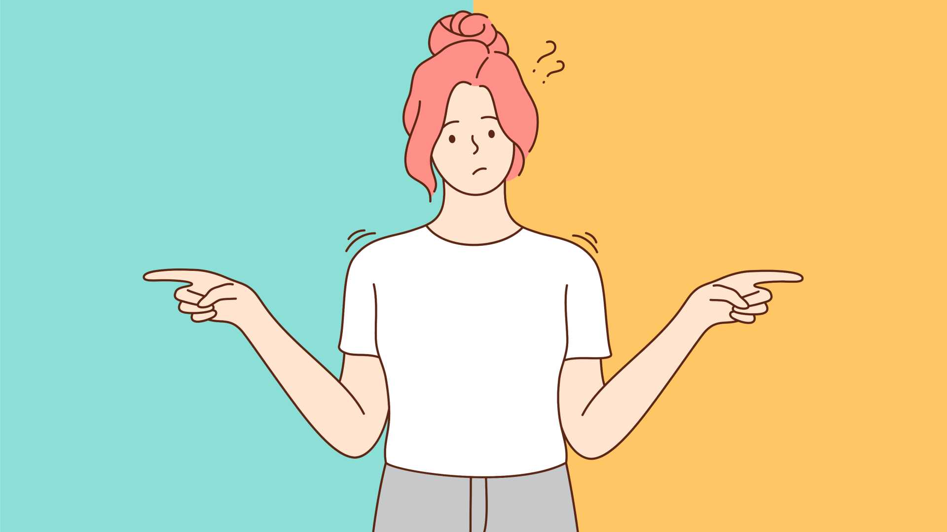 An illustration of a person stuck between two choices pointing left and right