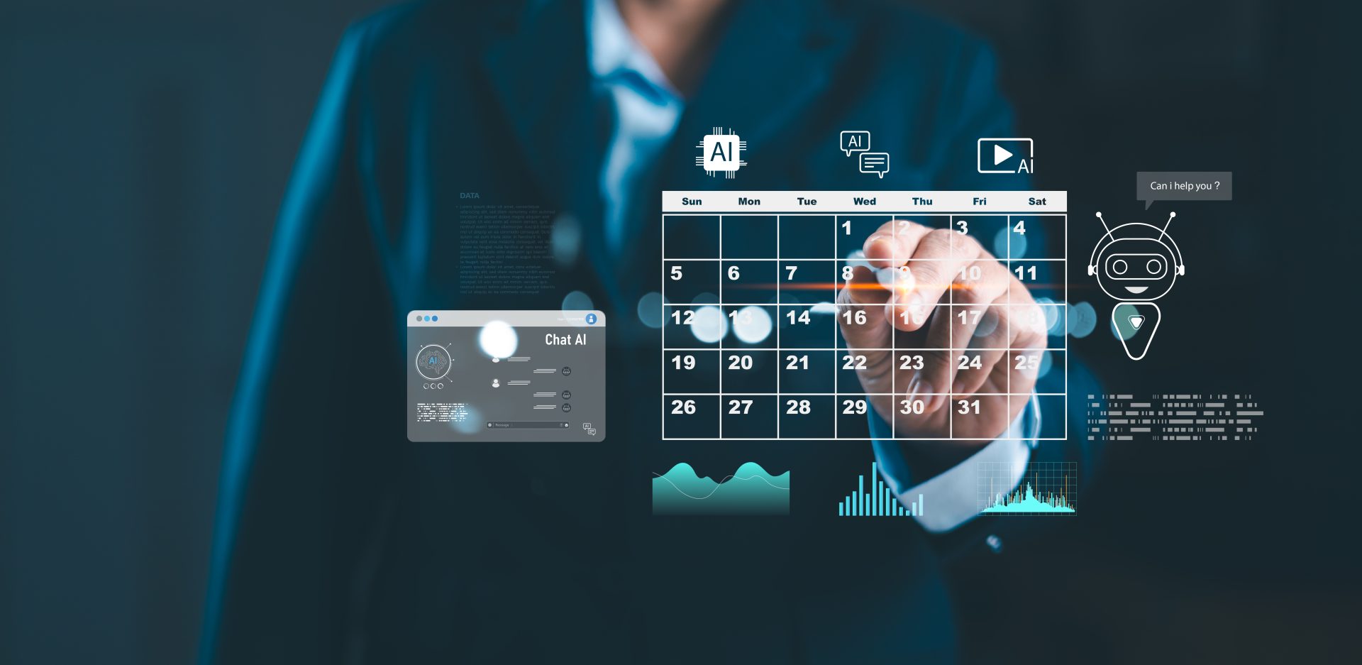 Person in business suit interacts with digital calendar. Graphics that represent AI assistance overlay the image.