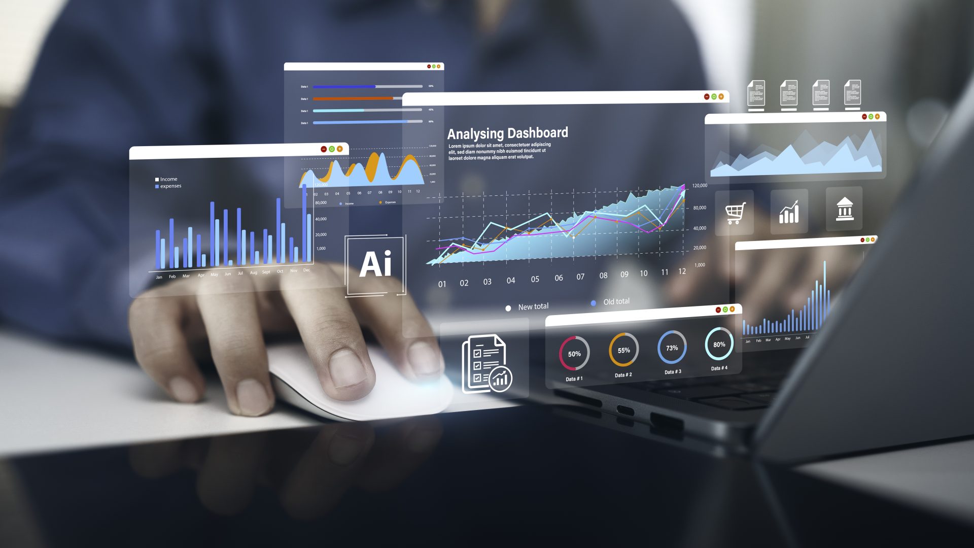 A person in a suit works at a computer. Graphics representing charts and AI overlay the image.