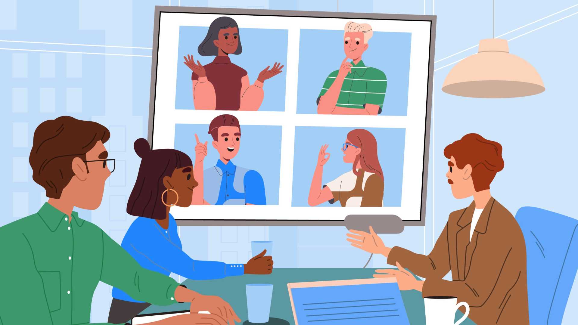 manager leading a hybrid team meeting with in-person and remote employees, illustrating workplace connection, leadership and team collaboration