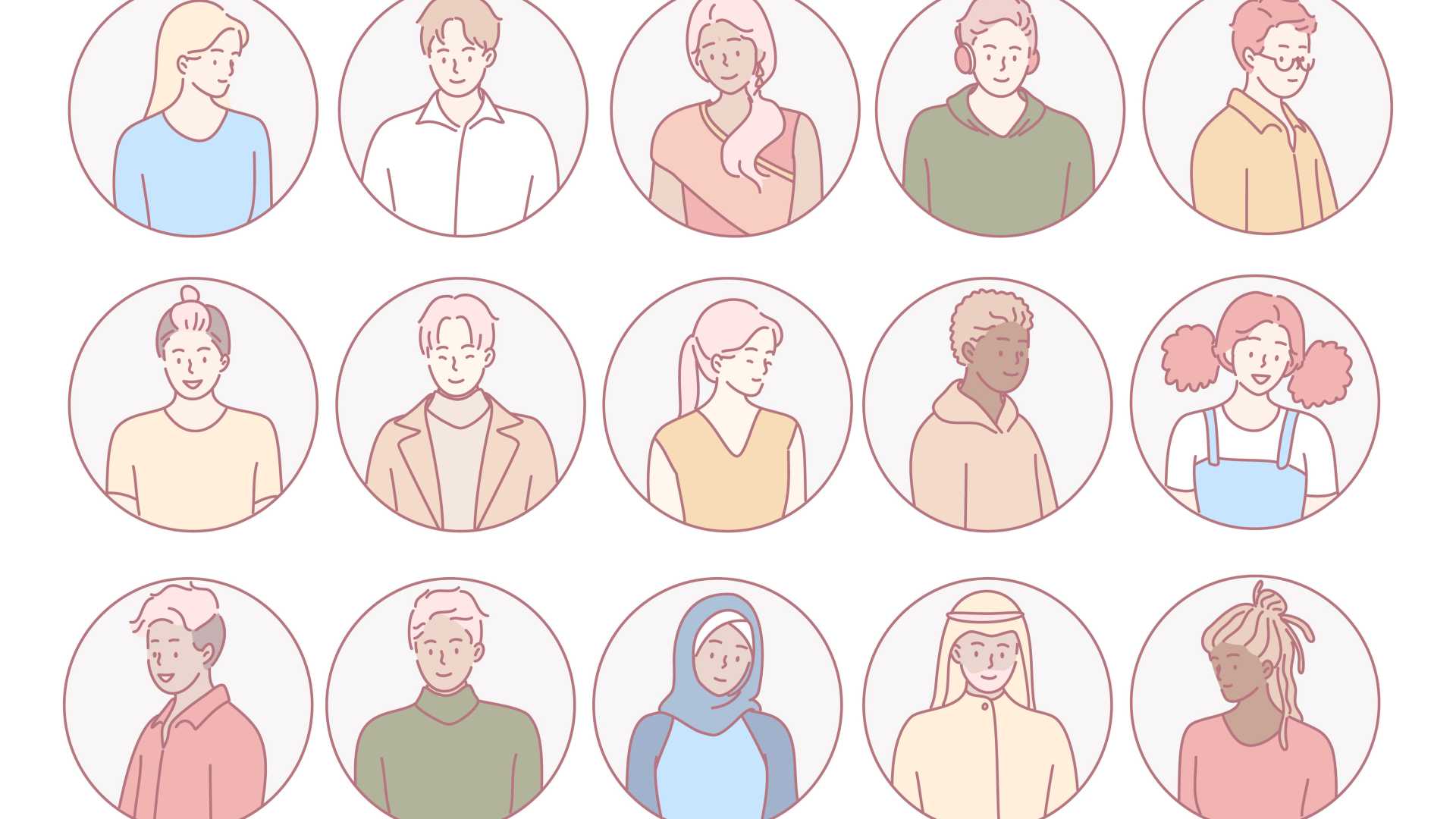 Illustration of circular profile avatars, representing a range of ages, skin tones, hairstyles and clothing styles.