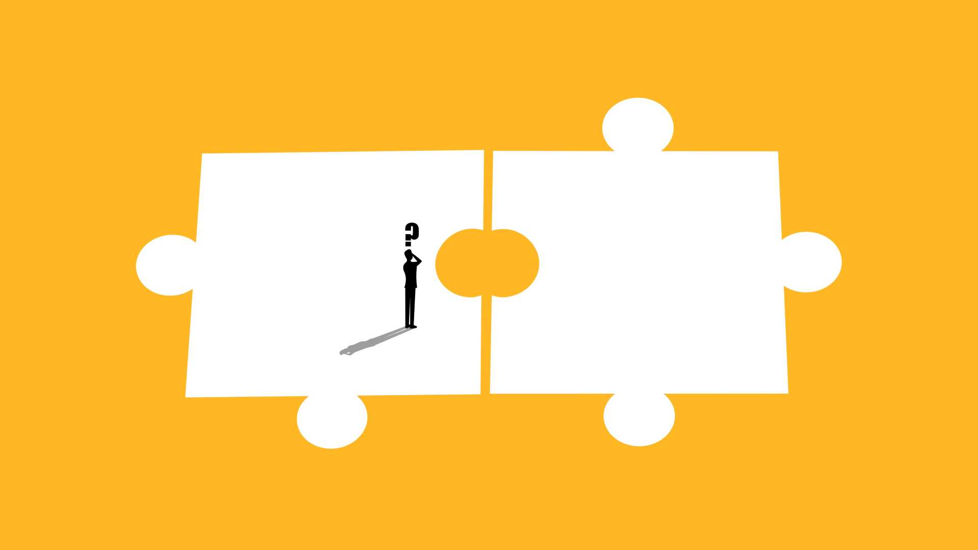 a silhouetted person with a question mark stands between two large puzzle pieces, representing uncertainty, missing information or a gap in performance management