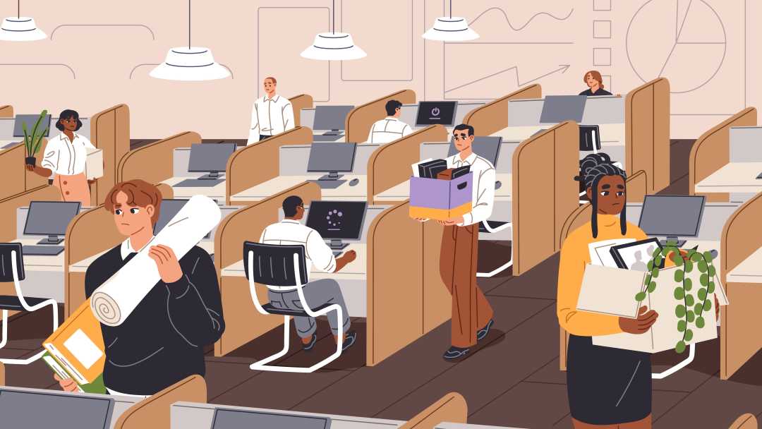illustration of employees packing personal belongings and leaving their cubicles in an office, while other workers remain at their desks, symbolizing employee turnover