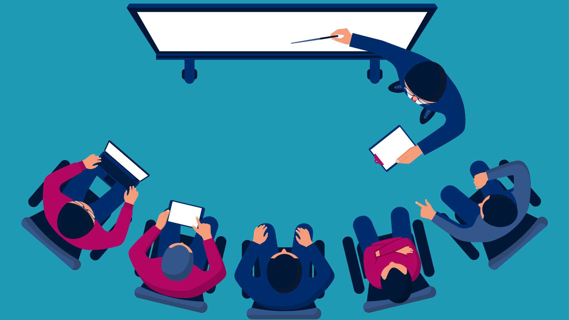 overhead illustration of a workplace training session, with an instructor presenting at a whiteboard while employees seated around a table use laptops and tablets during the meeting