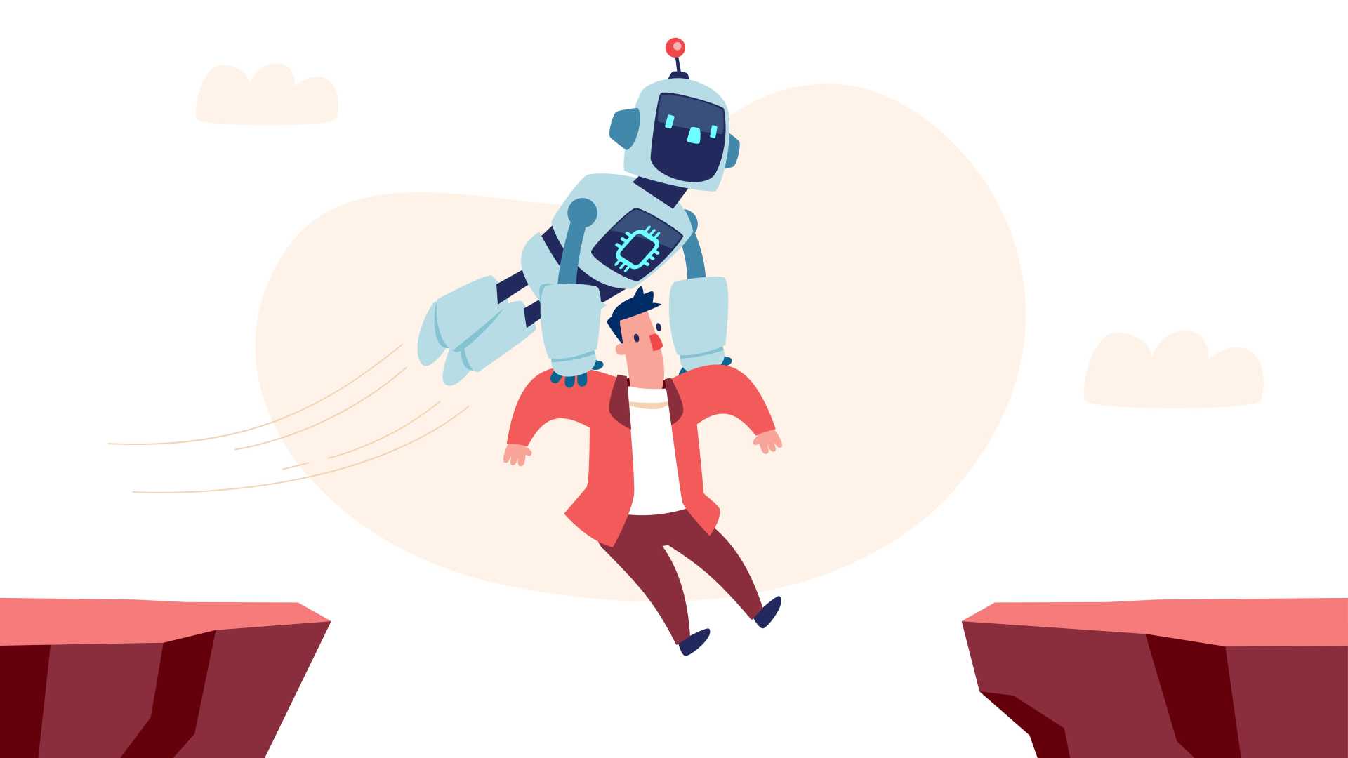 illustration of a robot helping carry a new employee across a gap, symbolizing AI supporting onboarding by guiding new hires through the transition into a new workplace