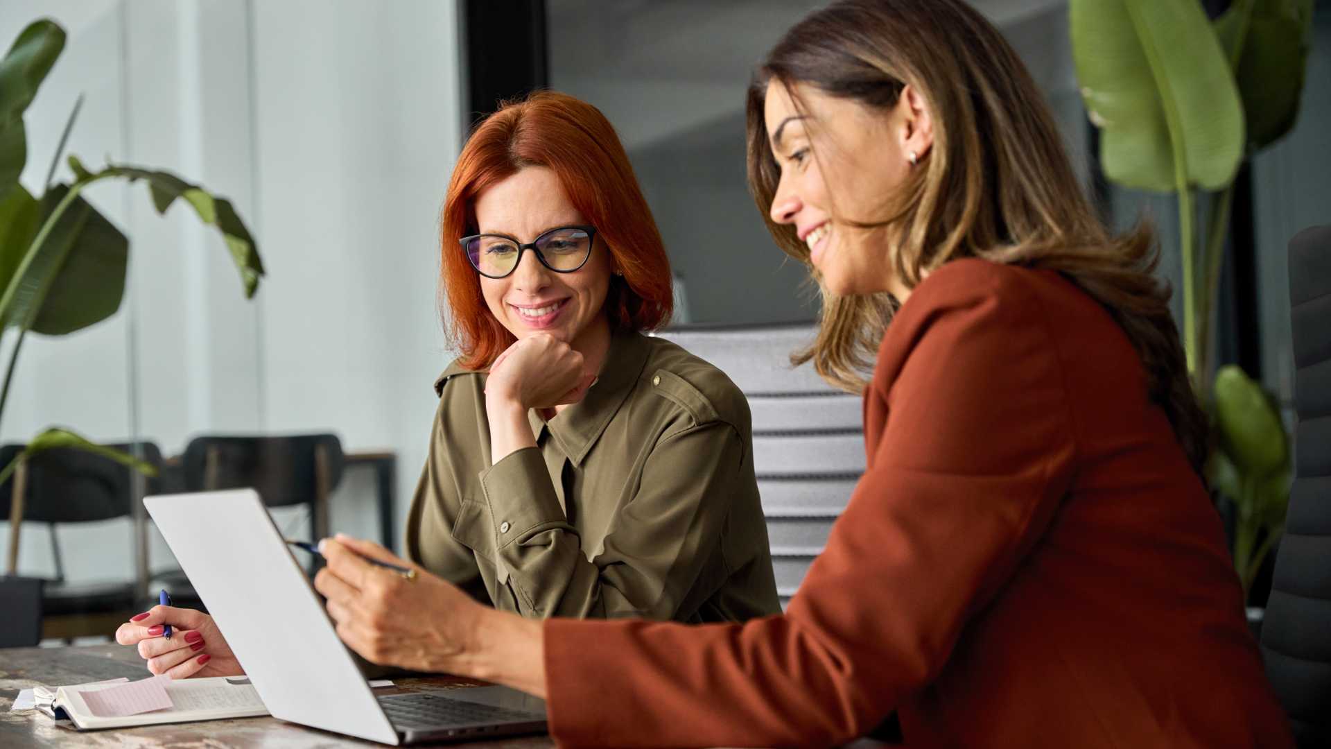 two colleagues review information together on a laptop during a one-on-one mentoring session, illustrating employee development, knowledge sharing and workplace collaboration