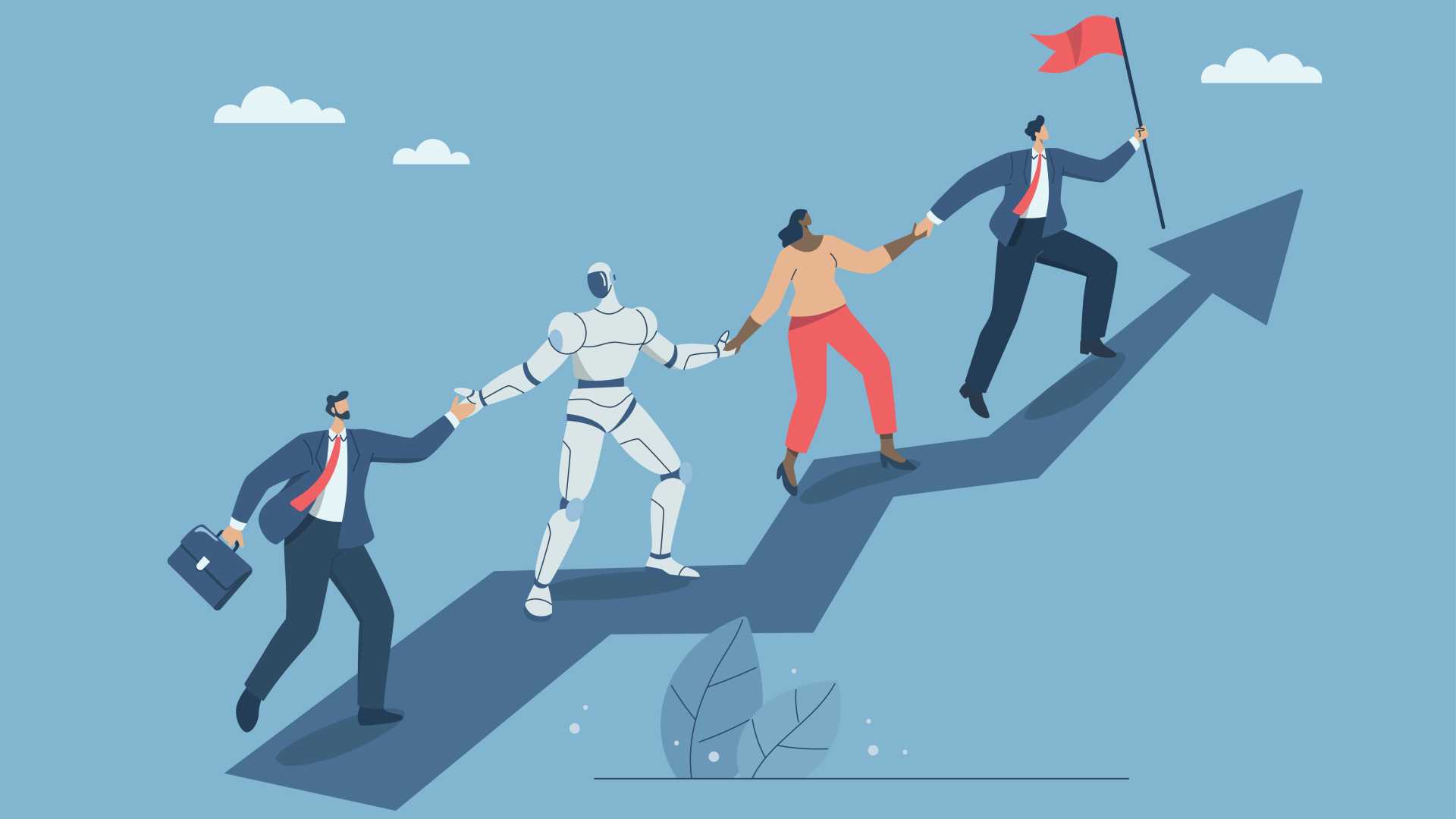 Illustration of employees and a humanoid AI robot working together to climb an upward arrow, symbolizing AI-enabled collaboration, workforce development and organizational growth.
