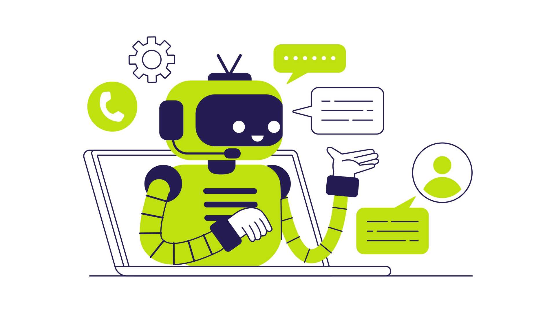 Illustration of an AI chatbot displayed on a laptop screen, using speech bubbles to answer questions and provide real-time guidance, representing AI-powered performance support and employee coaching.