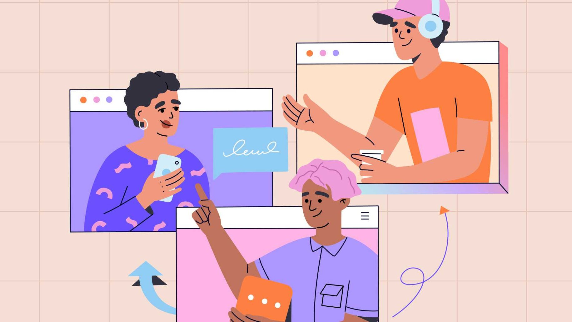 Illustration of employees collaborating through virtual meeting windows, representing AI-powered learning, digital communication and remote training experiences that connect learners across locations.
