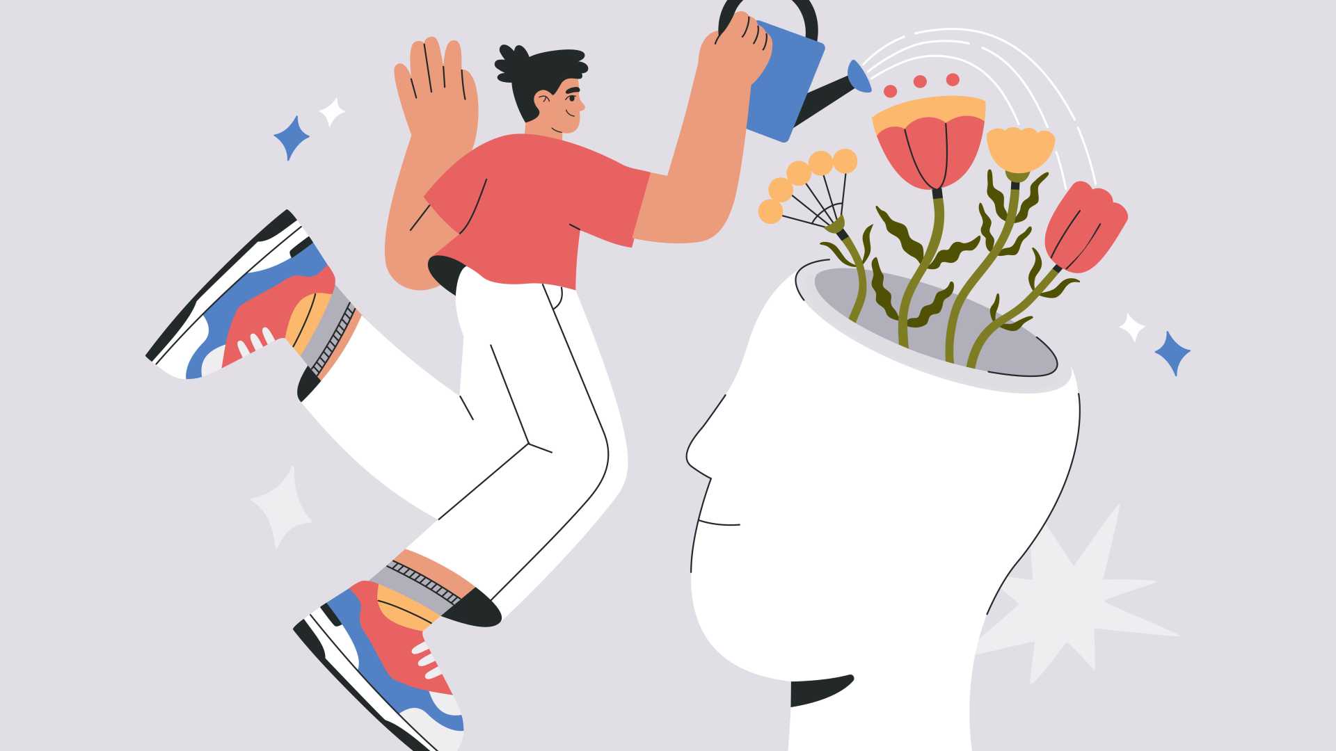 Illustration of a person watering flowers growing from an open head-shaped silhouette, symbolizing neuroinclusive leadership development, cognitive diversity and nurturing different ways of thinking to help leaders grow.