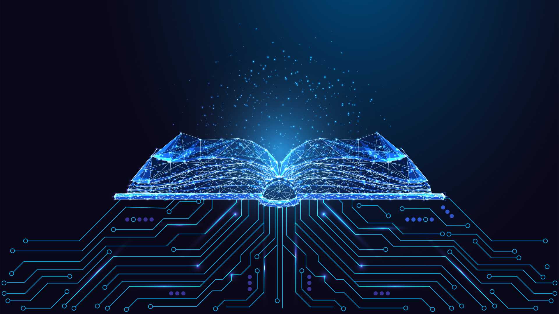 Digital illustration of an open book formed by glowing network lines and circuit pathways, symbolizing the integration of artificial intelligence, technology and continuous learning.