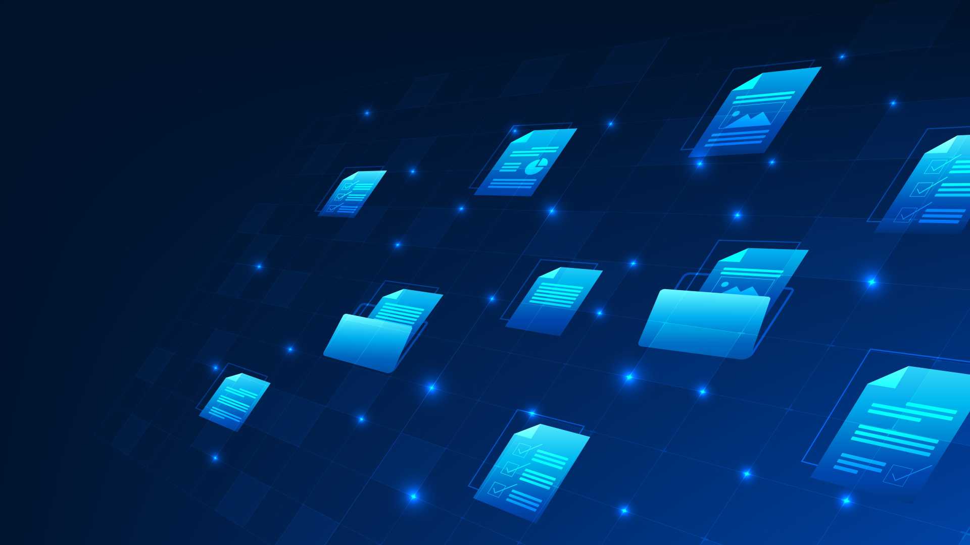 Digital illustration of interconnected documents and folders on a network, representing centralized learning content, knowledge management and AI-powered learning technology that supports workforce capability and business strategy.
