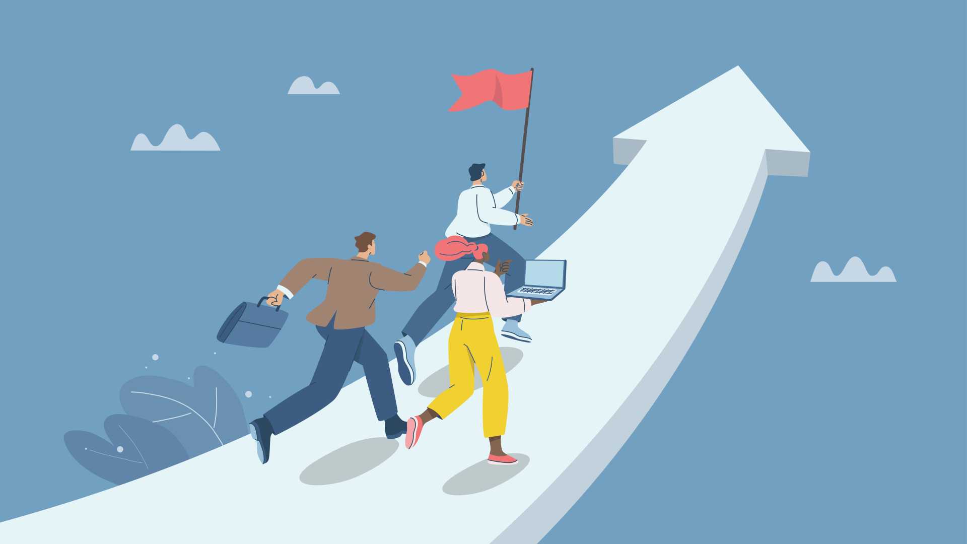 Illustration of employees moving up a large upward arrow together, symbolizing leadership development, human judgment and organizational growth in the age of AI.