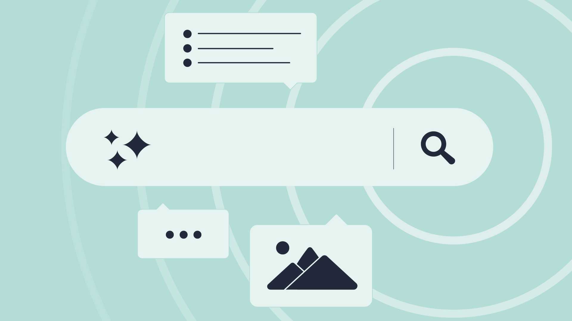 Illustration of an AI-powered search interface with search bar, chat prompts and content icons, representing AI search optimization, answer engines and AI-generated search results for marketers.