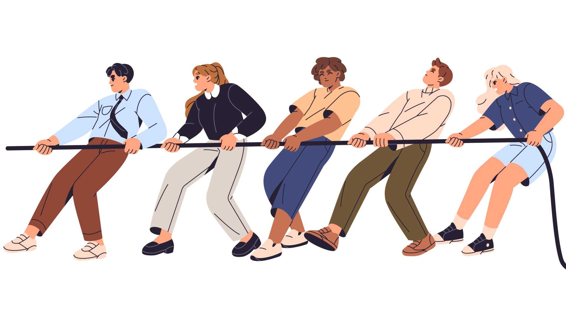 five illustrated people pull on a rope in a tug-of-war, representing teamwork, competing priorities and leadership alignment
