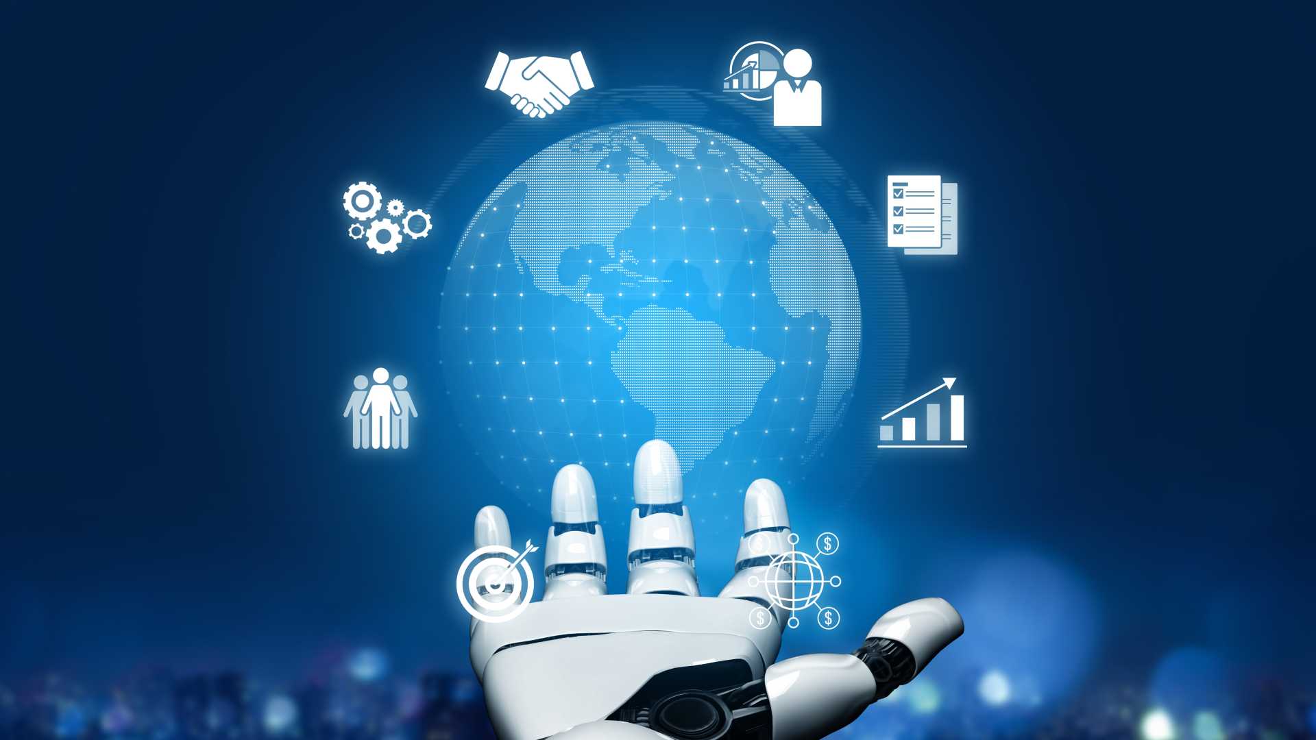 Robotic hand holding a digital globe surrounded by business icons, illustrating AI adoption, business value, automation and the economics of artificial intelligence in the workplace.