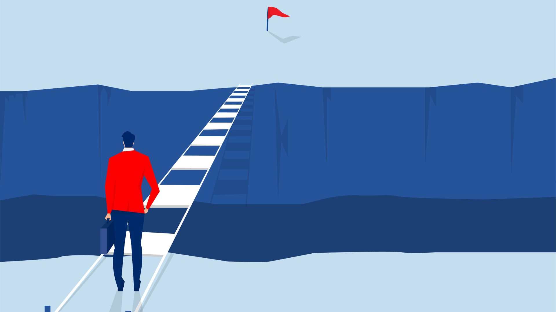 A person in a red jacket stands at the edge of a gap, facing a narrow bridge leading to a red flag on the other side.