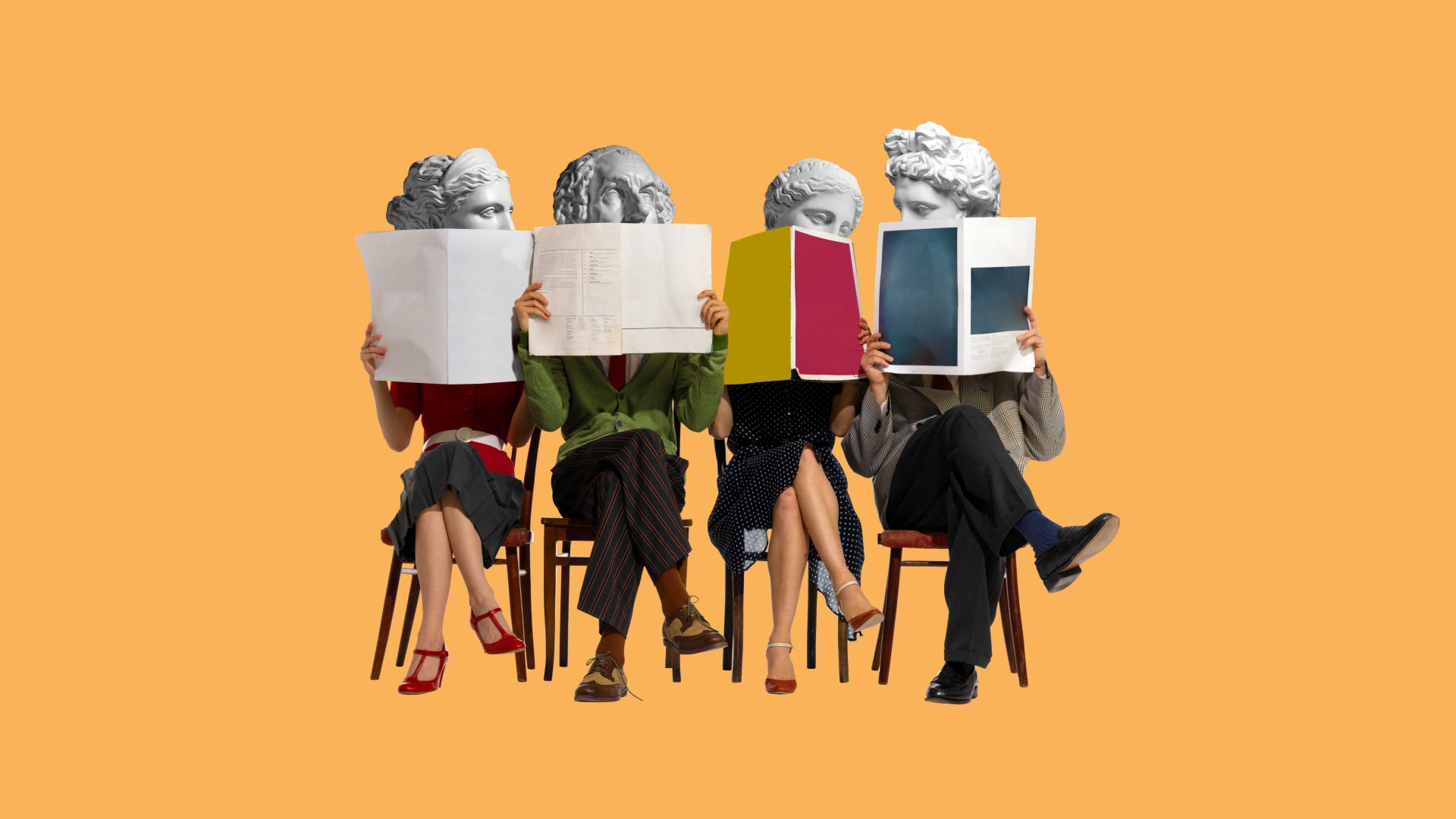 Surreal collage of four people seated in a row reading books and magazines, with classical marble statue heads replacing their own, symbolizing learning, knowledge and diverse perspectives.