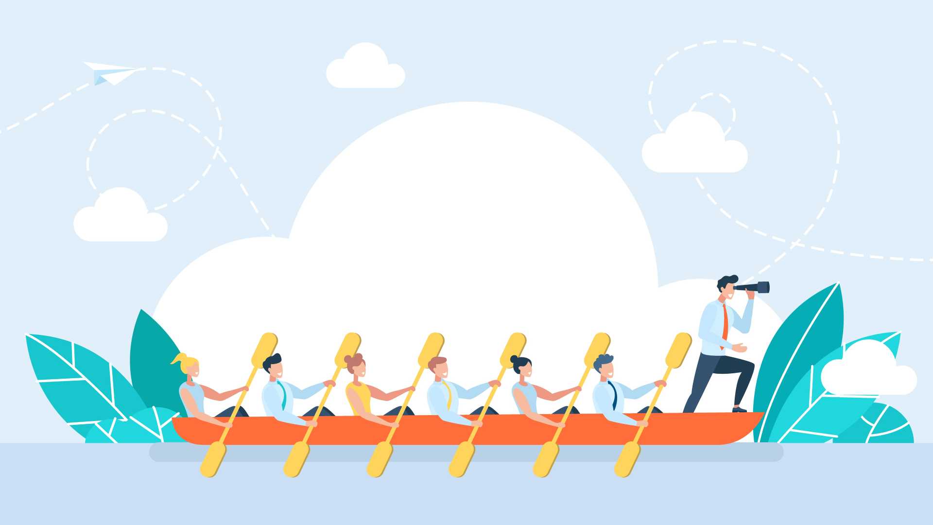 Illustration of a leader guiding a team rowing together, representing proactive leadership, adaptability and organizational readiness for change.