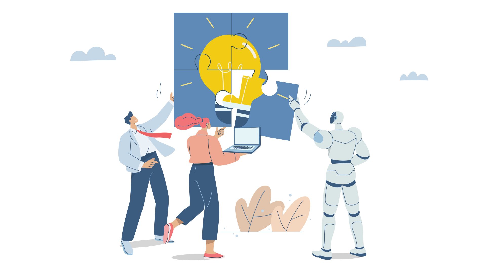 Illustration of two professionals and an AI robot assembling puzzle pieces around a lightbulb, representing leadership development, collaboration and AI-powered learning.