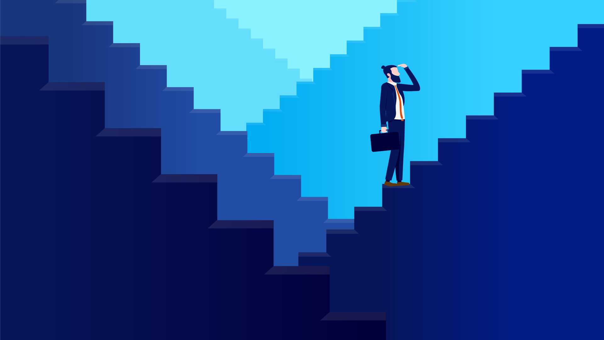 Illustration of a business professional standing at a crossroads of stairways, representing the process of diagnosing sales performance problems before choosing a training solution.