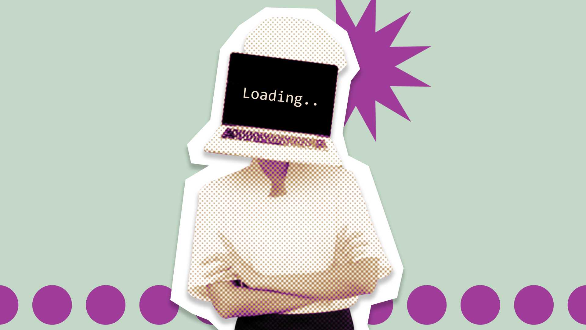 Collage-style illustration of an employee with a laptop covering their face, displaying “Loading...” to represent AI-related cognitive overload and mental fatigue at work.
