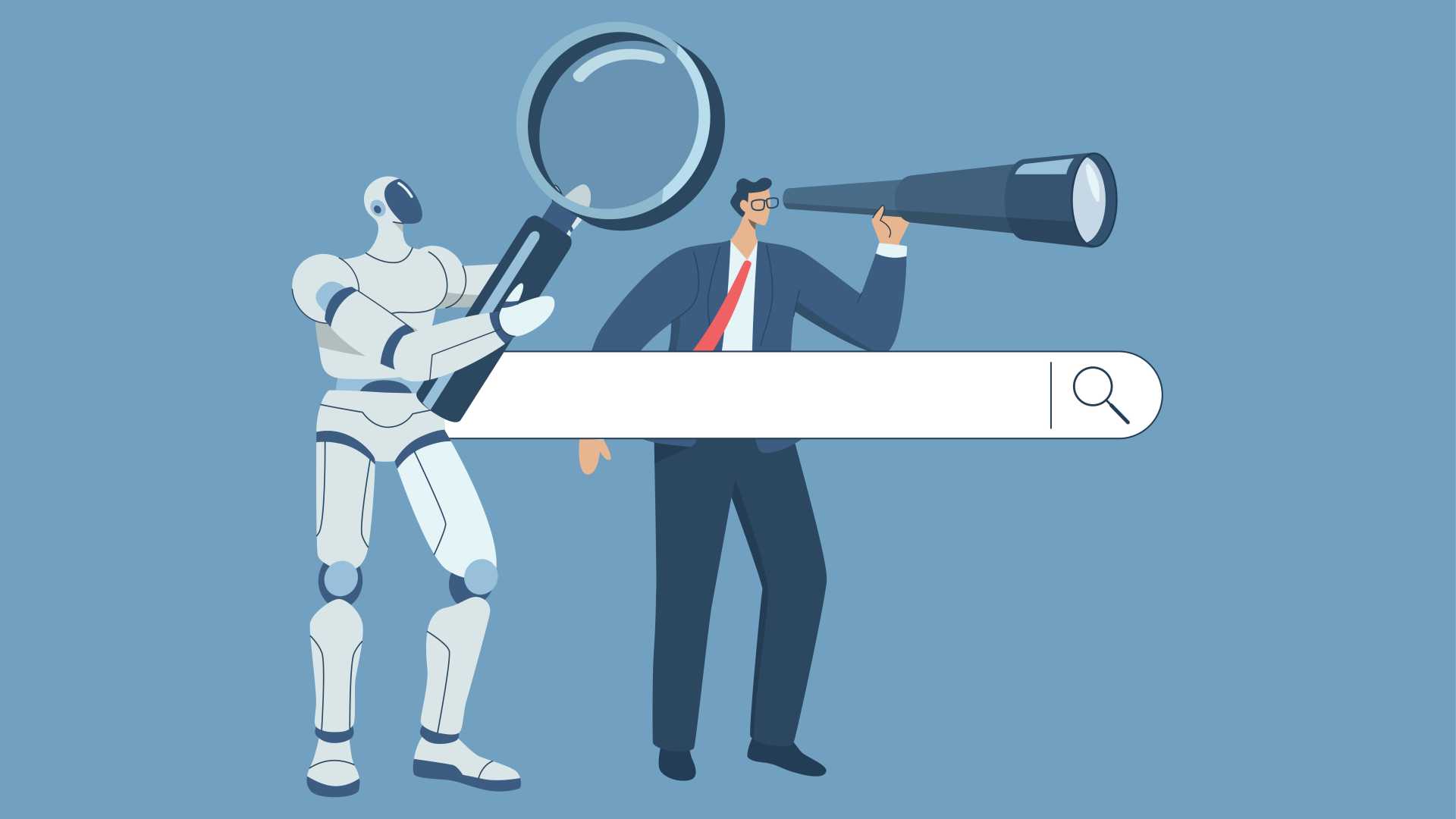 Illustration of a robot and business leader using a magnifying glass and telescope to search for workforce insights with AI.
