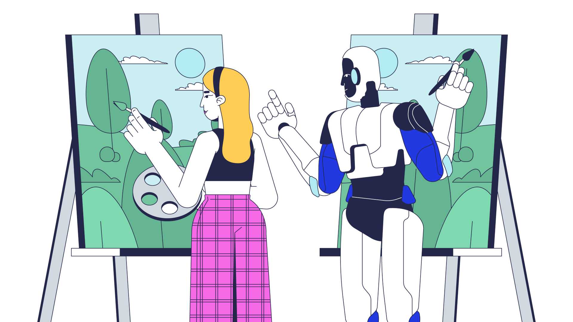Illustration of a woman and a robot painting landscapes side by side, representing collaboration between human skills and artificial intelligence.