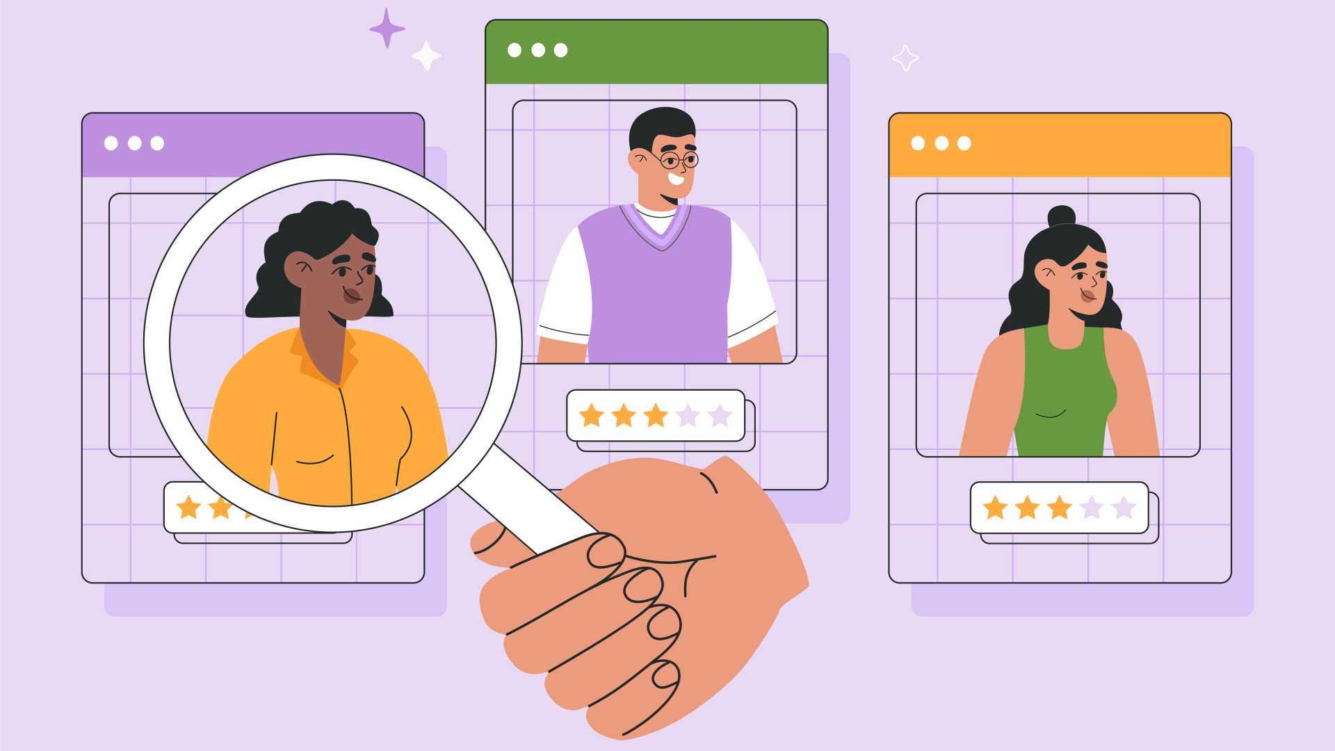 Illustration of a magnifying glass highlighting an employee profile among several candidates with performance ratings, representing talent reviews and succession planning.