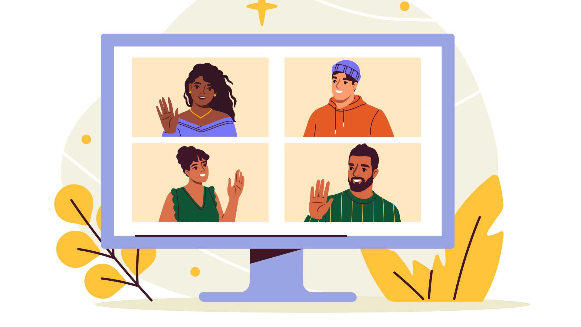 Illustration of four employees participating in a virtual meeting on a computer screen.