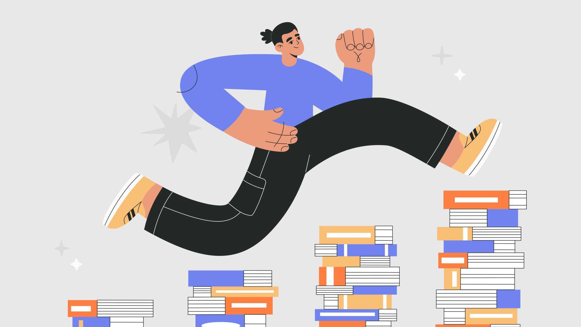 Illustration of a person leaping over stacks of books, representing workforce readiness, continuous learning and developing skills to achieve stronger business performance.