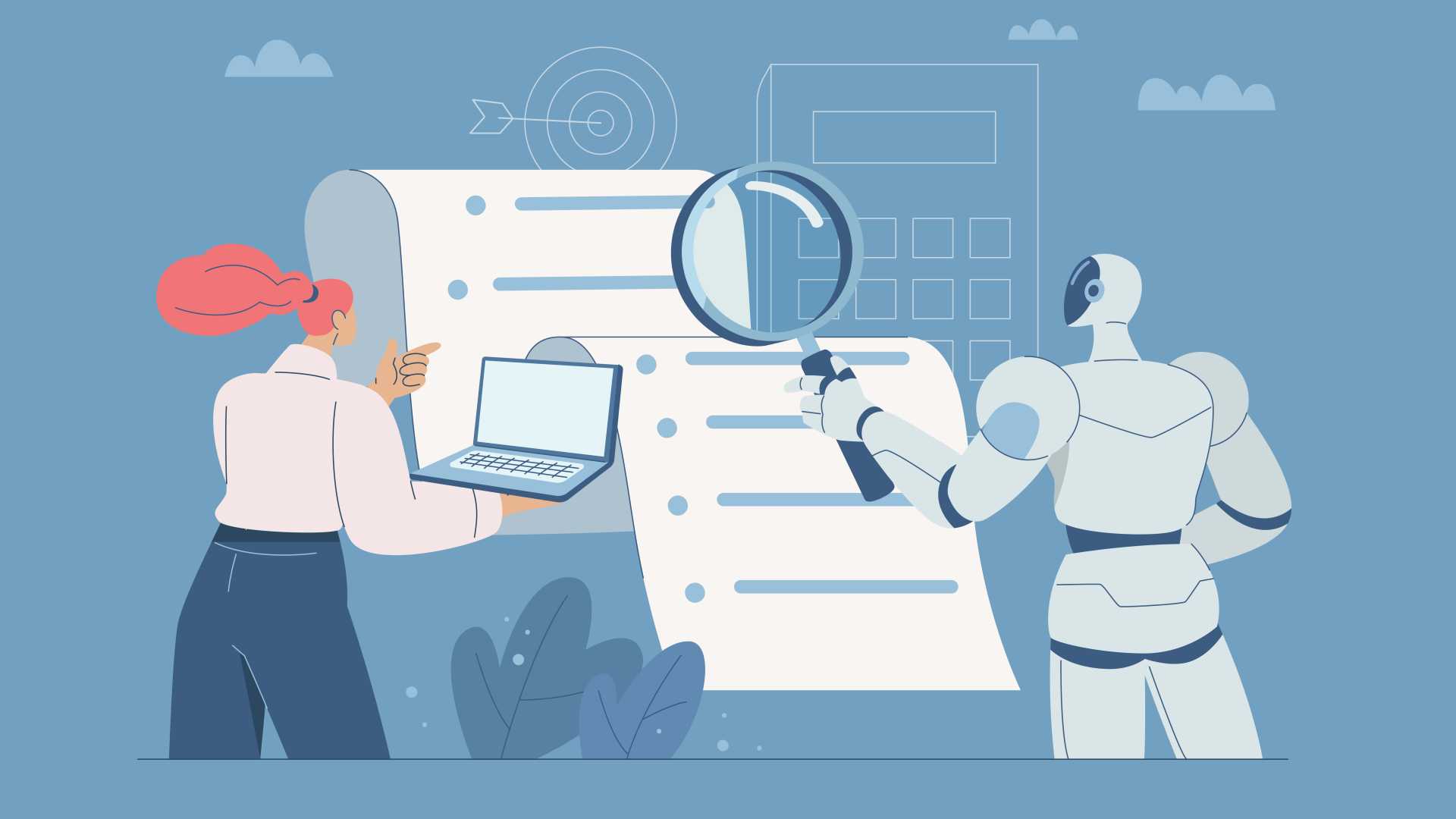Illustration of a human employee and a robot reviewing a checklist together, symbolizing AI-assisted learning, workforce readiness and human oversight in workplace decision-making.